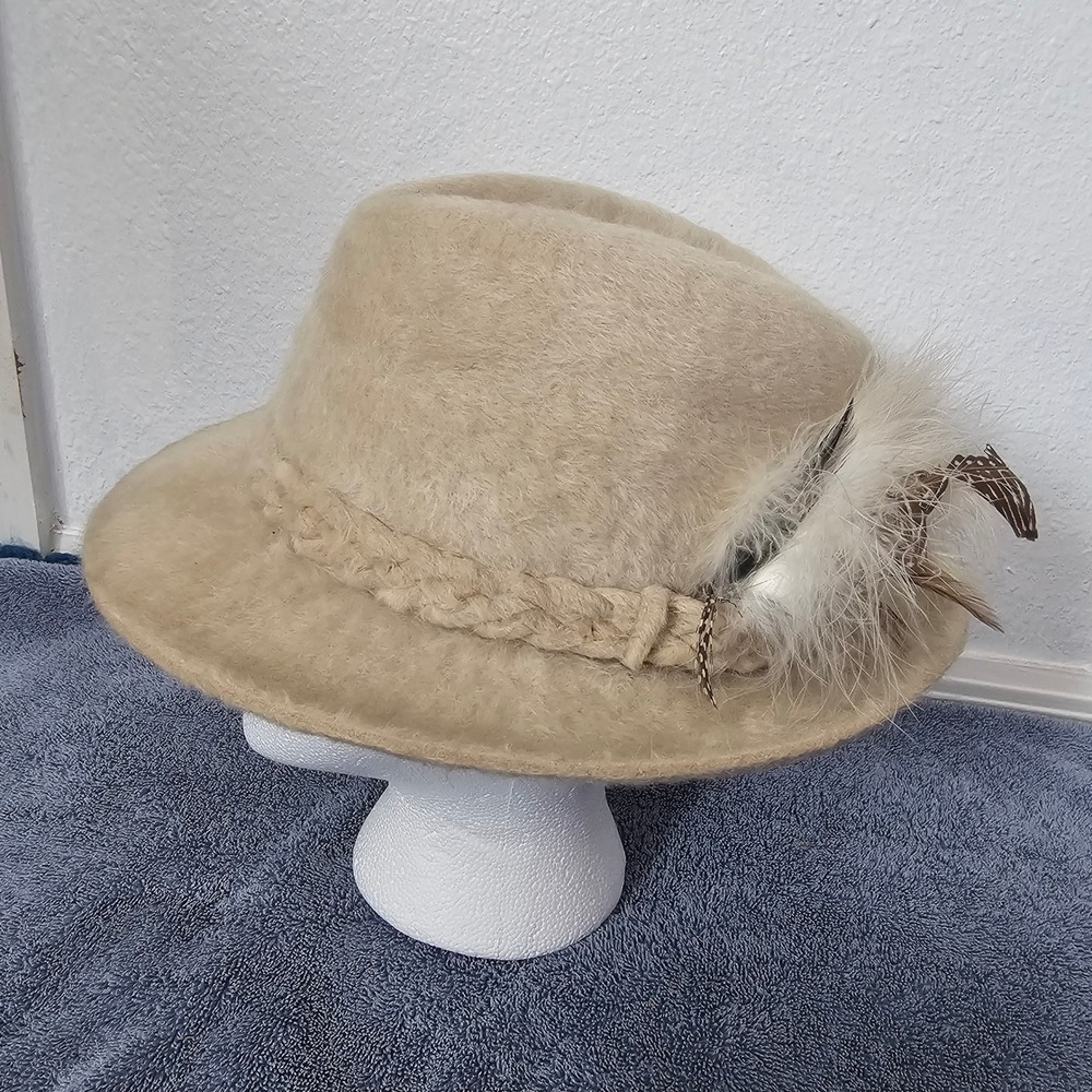 Vintage Barcelona Long Hair Beaver Finish Fur Fedora Hat Beige Feather 7 1/4